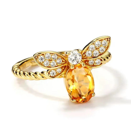 925 Sterling Silver Bee Ring with Citrine Gemstone – Adjustable, 18K Gold Plated